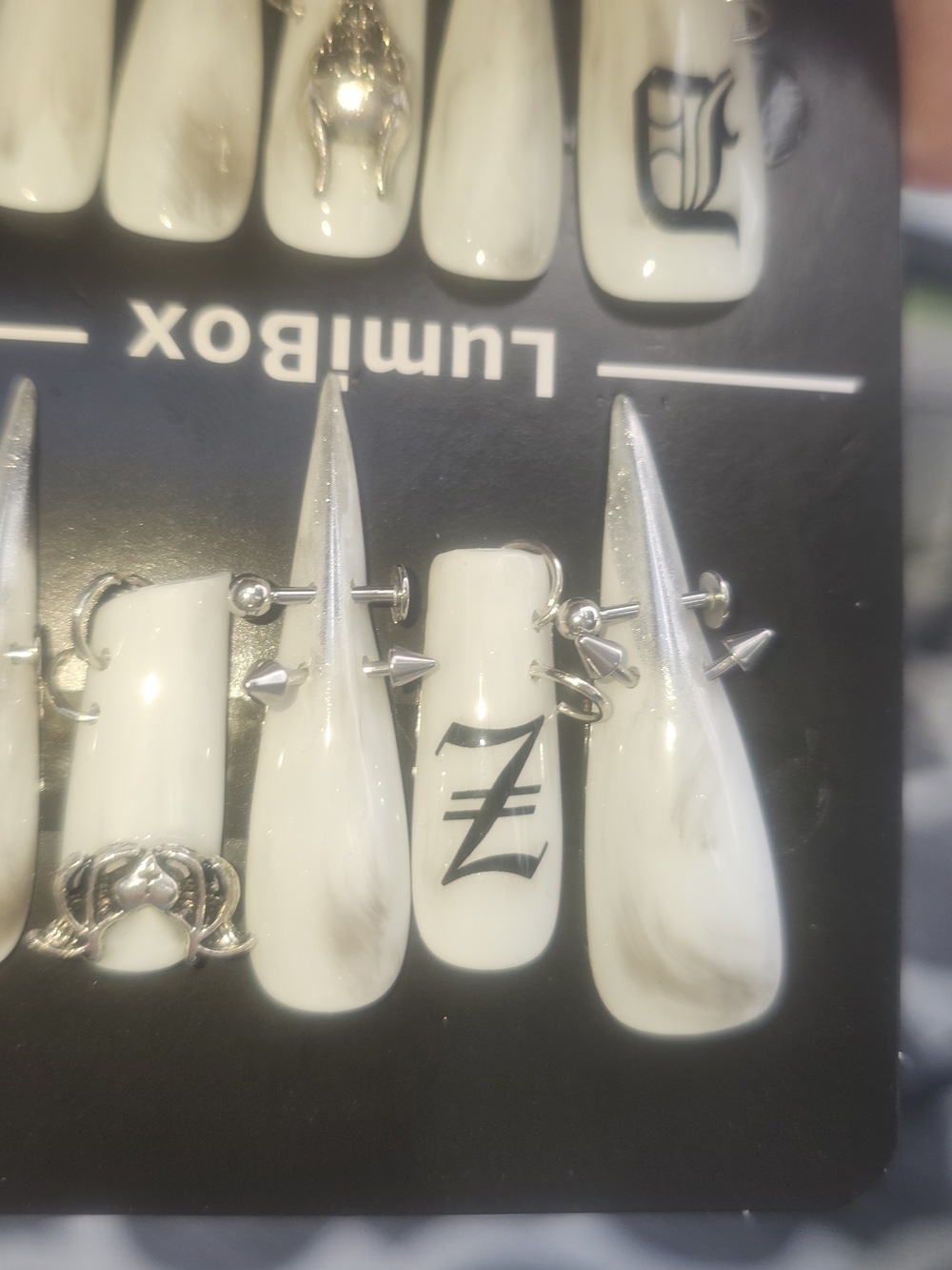 LumiBox 3D Gothic Press On Nails White Marble Pierced Stiletto Alt Grunge Set Nw - Picture 7 of 8